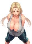  bangs bare_shoulders blonde_hair breasts brown_eyes cleavage closed_mouth collarbone covered_nipples facial_mark forehead_mark from_above green_pants large_breasts leaning_forward legs_apart long_hair looking_at_viewer low_twintails mature naruto naruto_(series) number pants shiny shiny_skin shu-mai sidelocks simple_background sleeveless smile solo standing tsunade twintails white_background 