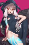  :o arm_support asymmetrical_clothes bar_censor bare_arms bare_shoulders black_bodysuit bodysuit censored chain_chronicle clothing_aside covered_navel cube flower gauntlets hair_flower hair_ornament hair_tie hood hood_up knee_up long_hair looking_at_viewer nippleless_clothes nipples nt00 open_mouth pussy red_eyes shiny shiny_skin sidelocks silver_hair single_gauntlet sitting skin_tight solo tattoo tsurime yuni_(chain_chronicle) 