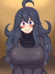  1girl ahoge blush breasts crazy_smile dress erect_nipples hex_maniac_(pokemon) highres huge_breasts npc pokemon pokemon_xy purple_eyes purple_hair smile solo upper_body 