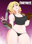 1girl abstract_background absurdres black_panties blonde_hair breasts cleavage constructor_penny cowboy_shot crop_top elbow_gloves eyelashes female female_only fingerless_gloves fortnite gesture gloves highres large_breasts looking_at_viewer navel panties pickaxe red_eyes rodjim solo tank_top thick_thighs weapon_over_shoulder wide_hips 