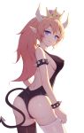  1girl armlet arms_at_sides ass back backless_outfit backlighting bangs bare_shoulders black_legwear black_leotard blonde_hair blue_eyes bowsette bracelet breasts closed_mouth covered_nipples cowboy_shot crown demon_tail empty_eyes from_side hair_between_eyes halterneck high_ponytail highres horns jewelry legs_apart leotard long_hair long_pointy_ears looking_at_viewer looking_back looking_to_the_side mario_(series) medium_breasts mismatched_legwear new_super_mario_bros._u_deluxe nintendo parted_bangs pointy_ears ponytail raised_eyebrows revision sad see-through sideboob simple_background solo spiked_armlet spiked_bracelet spikes super_crown tail thighhighs user_evv5870 white_background 