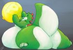  2017 absurd_res ambiguous_gender anthro balloon belly big_belly big_butt butt green_yoshi hi_res huge_butt looking_at_viewer looking_back lying mario_bros nintendo nude obese on_front overweight p-balloon simple_background smile solo stormdragonblue video_games yoshi 