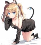  all_fours animal_ears bangs black_shirt blonde_hair blue_eyes blush cat_ears cat_tail clenched_teeth double_bun eyebrows_visible_through_hair long_hair looking_at_viewer off-shoulder_shirt original parted_lips paw_print rin_yuu shirt sleeves_past_wrists smile solo tail tail_raised teeth twintails 