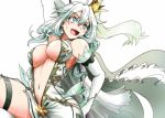  :d alternate_hair_color armpits blue_eyes breasts cleavage cowboy_shot crown dress elbow_gloves eucharis_(flower_knight_girl) flower_knight_girl gloves large_breasts long_hair looking_away mini_crown navel open_mouth revealing_clothes silver_hair simple_background smile solo suga_leon twintails white_background white_dress white_gloves 