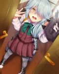  ahoge bangs black_ribbon blush bow bowtie braid brown_eyes cannon collared_shirt commentary_request day door dress em_s embarrassed grey_hair hair_over_eyes hair_over_one_eye hair_ribbon hallway hamanami_(kantai_collection) highres holding holding_weapon kantai_collection long_hair long_sleeves machinery open_door open_mouth pantyhose ribbon rigging school_uniform shirt sidelocks single_braid sleeveless solo tearing_up thigh_strap torpedo_launcher turret w weapon white_shirt 
