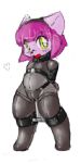  &lt;3 anthro clothing collar hair penetration purple_hair rubber rubber_suit simple_background solo sorrynothing spreader_bar vaginal vaginal_penetration yellow_eyes 