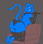 2018 5_fingers anthro arm_warmers armchair armwear belly big_butt biped black_clothing black_eyes blue_fur blue_hair breasts butt cat chair clothing collar digital_media_(artwork) eyelashes eyeshadow feet feline female fur grey_background grin hair hair_over_eyes holding_object izzy223 legwear looking_back makeup mammal milki noseless panties riding_crop simple_background slightly_chubby smile sofa soles solo stockings teeth thick_thighs toes underwear voluptuous whip 
