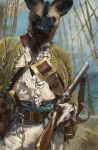  african_wild_dog anthro belt canine clothed clothing eyewear flintlock fully_clothed glasses male mammal nomax nomax_(character) rigging sailing_ship sea smile solo squint water whiskers 