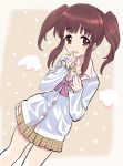  amezawa_koma angel_wings blush brown_eyes brown_hair cardigan collared_shirt commentary_request cosplay cowboy_shot eyebrows_visible_through_hair fake_wings finger_to_mouth hand_on_own_chest highres houjou_karen houjou_karen_(cosplay) idolmaster idolmaster_cinderella_girls jewelry long_sleeves loose_necktie necklace necktie ogata_chieri parted_lips pleated_skirt shirt sidelocks sketch skirt sleeves_past_wrists smile solo star star_necklace twintails wings 