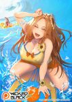  artist_name bow_swimsuit breasts cleavage collarbone colored_eyelashes commentary day english_commentary flower hair_flower hair_ornament large_breasts league_of_legends leona_(league_of_legends) long_hair nail_polish orange_eyes orange_hair orange_sarong outdoors pantheon_(league_of_legends) patreon_username pink_nails pool_party_leona sarong sunflower_hair_ornament surfboard surfing swimsuit uneven_eyes water watermark wet wickedblack wrist_flower yellow_swimsuit 