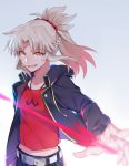  absurdres bangs belt belt_buckle black_jacket black_pants blonde_hair breasts brown_eyes buckle collarbone eyebrows_visible_through_hair fang fate/apocrypha fate_(series) hair_ornament hair_scrunchie highres jacket long_hair long_sleeves looking_at_viewer midriff mordred_(fate) mordred_(fate)_(all) navel open_clothes open_jacket open_mouth pants parted_bangs ponytail red_scrunchie red_shirt scrunchie shirt small_breasts solo white_belt yorukun 