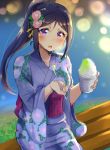  :o bench blue_hair blue_kimono blurry blush bokeh cup depth_of_field floral_print flower hair_flower hair_ornament highres holding holding_cup holding_spoon japanese_clothes kawa_nen kimono long_ponytail looking_at_viewer love_live! love_live!_sunshine!! matsuura_kanan morning_glory night obi open_mouth ponytail purple_eyes sash shaved_ice sidelocks sitting solo spoon tassel 