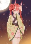  1girl absurdres antlers bangs bantian_yindang blush commentary_request covered_mouth eyebrows_visible_through_hair floral_print full_moon hair_between_eyes hand_up haori head_tilt highres japanese_clothes kimono long_hair long_sleeves moon night night_sky original outdoors pink_kimono red_eyes red_hair short_kimono sky sleeves_past_fingers sleeves_past_wrists solo standing twintails very_long_hair 