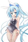  :d animal_ears bare_shoulders black_leotard blue_bow blue_eyes blue_hair bow bunny_ears bunnysuit cowboy_shot fishnet_pantyhose fishnets flower_knight_girl hair_bow hand_on_hip leotard long_hair looking_at_viewer maou_mikage nerine_(flower_knight_girl) open_mouth pantyhose ponytail side-tie_leotard simple_background smile solo standing thigh_gap very_long_hair white_background wrist_cuffs 