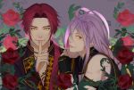  antenna_hair finger_to_mouth flower grey_background idol idol_clothes lavender_hair lips looking_at_viewer male_focus multiple_boys musical_touken_ranbu nail_polish orange_eyes pink_hair purple_nails red_flower red_rose rose samurai10932 sengo_muramasa_(touken_ranbu) shushing sideburns sleeveless smile tonbokiri_(touken_ranbu) touken_ranbu upper_body 