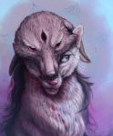  abstract_background ambiguous_gender animal_skin blood canine death feral himeragoldtail looking_at_viewer mammal multicolored_eyes smile solo third_eye whiskers wolf 