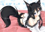  :/ animal_ears bangs bare_shoulders bed_sheet black_hair black_skirt blue_eyes blush breasts cleavage closed_mouth collarbone commentary_request eyebrows_visible_through_hair eyes_visible_through_hair fox_ears fox_girl fox_tail hair_between_eyes half-closed_eyes head_tilt highres horomasa long_hair long_sleeves looking_at_viewer lying medium_breasts miniskirt off-shoulder_shirt on_stomach original parted_bangs pleated_skirt raised_eyebrows shiny shiny_hair shirt simple_background skirt sleeves_past_wrists slit_pupils solo tail white_background white_shirt wide_sleeves 