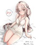  :o arm_support babydoll babydoll_lift bangs bare_legs bed_sheet blush breasts cleavage collarbone commentary_request covered_navel dated giraffe_(ilconte) gloves green_eyes hair_between_eyes hair_flaps hair_ribbon head_tilt highres kantai_collection long_hair looking_at_viewer medium_breasts open_mouth pink_hair ponytail ribbon sidelocks sitting thighs twitter_username very_long_hair wariza white_babydoll yokozuwari yura_(kantai_collection) 