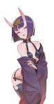  bad_id bad_twitter_id bangs bare_shoulders breasts commentary cowboy_shot fate/grand_order fate_(series) headpiece horns japanese_clothes kimono looking_at_viewer oni oni_horns open_mouth purple_eyes purple_hair short_hair shuten_douji_(fate/grand_order) simple_background solo tim_loechner white_background 