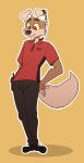  anthro canine clothed clothing fur kom_(character) komponi male mammal simple_background smile solo standing 