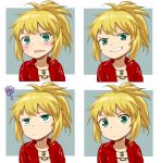  aoba_(smartbeat) aqua_eyes blonde_hair blush expressions fate/grand_order fate_(series) grin jacket jewelry mordred_(fate) mordred_(fate)_(all) multiple_views necklace red_jacket short_hair short_ponytail smile spiked_hair sweatdrop younger 