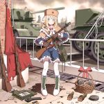  absurdres blonde_hair blue_eyes bolt_action boots braid capelet caterpillar_tracks cherry_hair_ornament circle_a commentary_request cross-laced_footwear drum_magazine explosive flag food_themed_hair_ornament full_body fur_hat girls_frontline gloves grenade ground_vehicle gun hair_ornament hat high_contrast highres lace-up_boots looking_at_viewer military military_vehicle mosin-nagant motor_vehicle pantyhose ppsh-41 ppsh-41_(girls_frontline) red_star rifle ruins skirt smile soviet soviet_flag stick_grenade submachine_gun t-34 tank ushanka weapon 