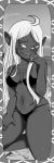  2018 beach big_breasts bikini black_and_white blush breasts clothed clothing dark_elf digital_media_(artwork) drow elf female greyscale hair hi_res humanoid looking_at_viewer mammal monochrome not_furry open_mouth outside pinup pointy_ears pose queff raveneevee seaside simple_background smile solo swimsuit teeth two_piece water white_hair 