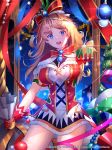  bell blue_eyes breasts brown_hair capelet christmas commentary copyright_name dress english_commentary eternal_wars fur_trim gift gloves hair_ribbon highres jingle_bell long_hair medium_breasts official_art red_gloves ribbon sack short_dress solo sysen watermark web_address 