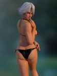  1girl 3d ass back bikini breasts christie_(doa) cleavage dead_or_alive female grey_eyes looking_at_viewer looking_back radianteld short_hair source_filmmaker swimsuit thong underwear wet_body white_hair 