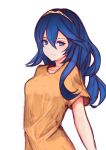  alternate_costume bangs blue_eyes blue_hair blush closed_mouth fire_emblem fire_emblem:_kakusei hair_between_eyes leatzche long_hair looking_at_viewer lucina orange_shirt shirt short_sleeves simple_background sketch smile solo symbol_in_eye tiara upper_body white_background 