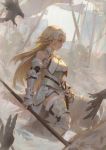  armor armored_dress battlefield bird blonde_hair breastplate crow fate/grand_order fate_(series) gauntlets greaves holding holding_weapon jeanne_d'arc_(fate) jeanne_d'arc_(fate)_(all) krenz long_hair polearm sword weapon 