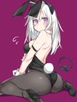  :&lt; abarabone animal_ears armlet ass black_legwear blush breasts bunny_ears bunny_girl bunny_tail bunnysuit demon_girl demon_tail fake_animal_ears flying_sweatdrops from_behind high_heels highres horns leotard long_hair looking_at_viewer looking_back medium_breasts original pantyhose pointy_ears purple_background purple_eyes sideboob simple_background sitting solo sweat tail tail_raised wariza white_hair wrist_cuffs 