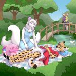  anthro being_watched blush clothed clothing diaper diaper_change duo_focus feline female fur group hair infantilism lagomorph male mammal multi_tail park piercing public rabbit red_panda serval smile wen white_fur 