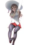  :d arm_at_side arm_up armpit_cutout armpits ass_visible_through_thighs bangs black_legwear breasts brown_eyes cameltoe collarbone collared_shirt covered_nipples feet grey_hair hair_between_eyes hat highres kantai_collection long_hair long_sleeves medium_breasts miniskirt okamen open_clothes open_mouth open_shirt pantyhose pleated_skirt pola_(kantai_collection) red_skirt shirt simple_background sitting skirt smile soles solo sun_hat teeth thick_eyebrows wavy_hair white_background white_hat white_shirt 