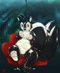  2018 4_fingers 4_toes absurd_res anthro black_nose bodysuit bulge clothing goo_transformation hi_res liquid_latex male mammal pawpads paws pink_pawpads rubber shiny sitting skinsuit skunk smile sofa solo stormdragonblue tight_clothing toes transformation 