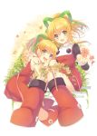  arm_around_shoulder bare_arms blonde_hair blush boots breasts capcom child dress flower full_body grass green_ribbon hair_ornament hair_ribbon happy high_ponytail knees_together_feet_apart long_hair long_sleeves looking_at_viewer looking_to_the_side medium_breasts multiple_girls multiple_persona older open_mouth ponytail red_dress red_footwear rento_(rukeai) ribbon rockman rockman_(classic) rockman_8 roll shoes sidelocks sitting smile teeth white_background 