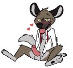  &lt;3 aggressive_retsuko anthro aroused balls blush bottomless clothed clothing haida half-closed_eyes humanoid_penis hyena male mammal penis rotten_robbie sanrio simple_background solo spread_legs spreading tongue tongue_out white_background 