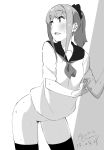  arched_back artist_name bangs blouse blush bottomless commentary_request contrapposto cowboy_shot greyscale highres looking_back monochrome open_mouth original ponytail pubic_hair school_uniform serafuku short_sleeves sidelocks signature smile solo standing sweat tabata_hisayuki thighhighs 