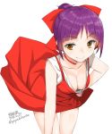  bent_over breasts choker cleavage commentary_request cowboy_shot dress fang gegege_no_kitarou hair_ribbon highres nekomusume nekomusume_(gegege_no_kitarou_6) purple_hair red_dress ribbon simple_background sleeveless sleeveless_dress white_background yaya_hinata yellow_eyes 