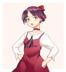  absurdres bangs blunt_bangs blush bow breasts brooch choker collarbone dress eyebrows eyebrows_visible_through_hair fang gegege_no_kitarou hair_bow hands_on_hips highres jewelry long_sleeves looking_at_viewer nekomusume nekomusume_(gegege_no_kitarou_6) okamen open_mouth parted_bangs pointy_ears purple_hair red_bow red_choker red_dress shirt short_hair small_breasts solo undershirt v-shaped_eyebrows white_shirt yellow_eyes 