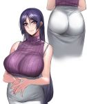  absurdres ass bangs bare_shoulders bra bra_strap breasts business_casual commentary curvy eyebrows_visible_through_hair fate/grand_order fate_(series) formal hands_together highres knatb lace lace_bra large_breasts long_hair looking_at_viewer minamoto_no_raikou_(fate/grand_order) parted_bangs purple_eyes purple_hair ribbed_sweater see-through skirt sleeveless sleeveless_turtleneck sweater turtleneck underwear very_long_hair white_skirt 