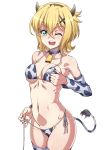  akatsuki_kirika animal_print bare_shoulders bell bikini blonde_hair blush breast_squeeze breasts collar commentary_request covered_nipples cow_bell cow_horns cow_print cow_tail cowboy_shot green_eyes hair_between_eyes hair_ornament highres horns legs_together looking_at_viewer medium_breasts navel one_eye_closed open_mouth print_bikini senki_zesshou_symphogear shiny shiny_hair shiny_skin short_hair shunzou simple_background skindentation solo standing swimsuit tail tail_raised teeth thighhighs undressing untied untied_bikini white_background x_hair_ornament 