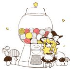  apron blonde_hair bow braid candy chibi dispenser eating food hair_bow hat hat_bow kirisame_marisa long_hair mozukuzu_(manukedori) mushroom simple_background solo stipple_coloring touhou white_background white_bow witch_hat yellow_eyes 