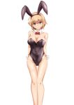  absurdres animal_ears arms_behind_back black_leotard bow bowtie breasts bunny_ears bunny_girl bunnysuit commentary_request detached_collar highres kokushoku_kenban leotard looking_at_viewer medium_breasts original red_neckwear simple_background solo strapless strapless_leotard thigh_gap watausa_honoka white_background wrist_cuffs 