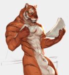  abs animal_genitalia anthro balls big_balls cup feline fur huge_balls hyper hyper_balls hyper_sheath kaptain_spicy male mammal muscular muscular_male newspaper partran pecs sheath solo tiger 