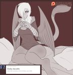  2015 anthro anthrofied ask_blog avante92 avian beak bed bottomless clothed clothing cup english_text feathered_wings feathers female friendship_is_magic gilda_(mlp) gryphon hi_res holding_cup holding_object inside my_little_pony on_bed patreon pillow solo text tumblr wings 