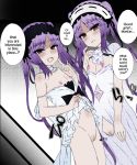  2girls cum cum_on_hands dress_lift english_text euryale fang fate/grand_order fate/hollow_ataraxia fate_(series) flat_chest headband kamita long_hair looking_at_viewer necklace nipples open_mouth purple_eyes purple_hair pussy siblings sister smile smug stheno text third-party_edit twins twintails white_dress 
