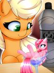  2018 absurd_res applejack_(mlp) cutie_mark digital_media_(artwork) duo earth_pony equine female feral friendship_is_magic hair hi_res hooves horse long_hair madacon mammal martini_glass micro my_little_pony pink_hair pinkamena_(mlp) pinkie_pie_(mlp) pony smile underhoof 