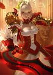  ahoge animal armor blonde_hair blush breasts cleavage commentary dress fate/extra fate/extra_ccc fate_(series) fingerless_gloves gauntlets gloves green_eyes hair_ornament highres lion looking_at_viewer nero_claudius_(fate) nero_claudius_(fate)_(all) petals pointing raikoart red_dress red_gloves smile sword weapon 