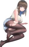  ass bangs bare_arms black_legwear blue_shorts breasts brown_hair closed_mouth cutoffs denim denim_shorts eyebrows eyebrows_visible_through_hair feet frown full_body hair_between_eyes highres hinako_(anzu15) large_breasts long_hair lying no_shoes on_side original pantyhose pantyhose_under_shorts purple_eyes shirt short_shorts short_sleeves shorts simple_background soles solo straight_hair t-shirt torn_clothes torn_legwear white_background white_shirt 